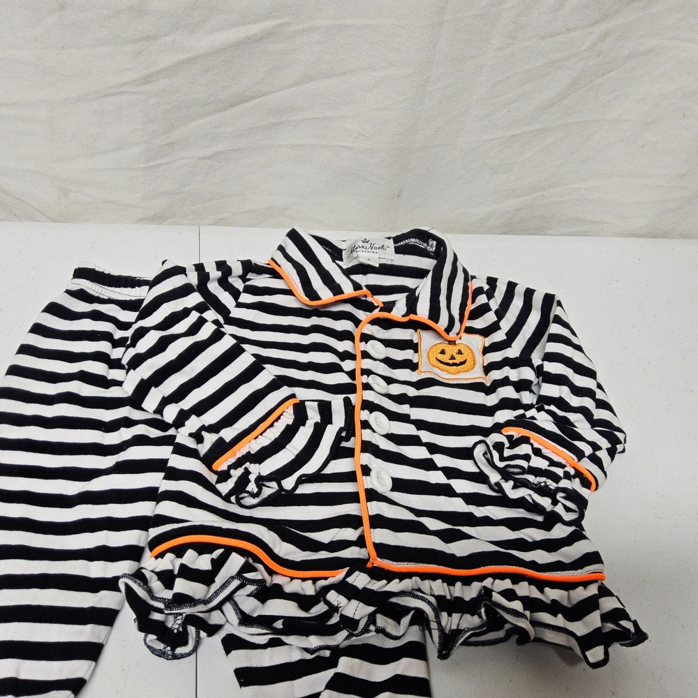 Marie Nicole Pajama Set Kids XXS Black White Striped Halloween Pumpkin Ruffle